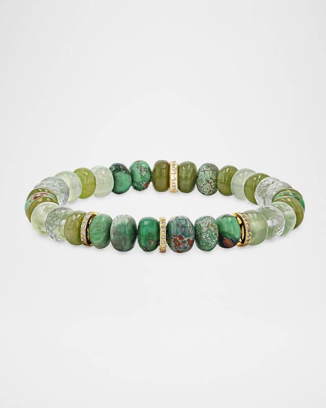 Moody Green Mix Bead Bracelet with 14K Yellow Gold and Diamond Rondelles